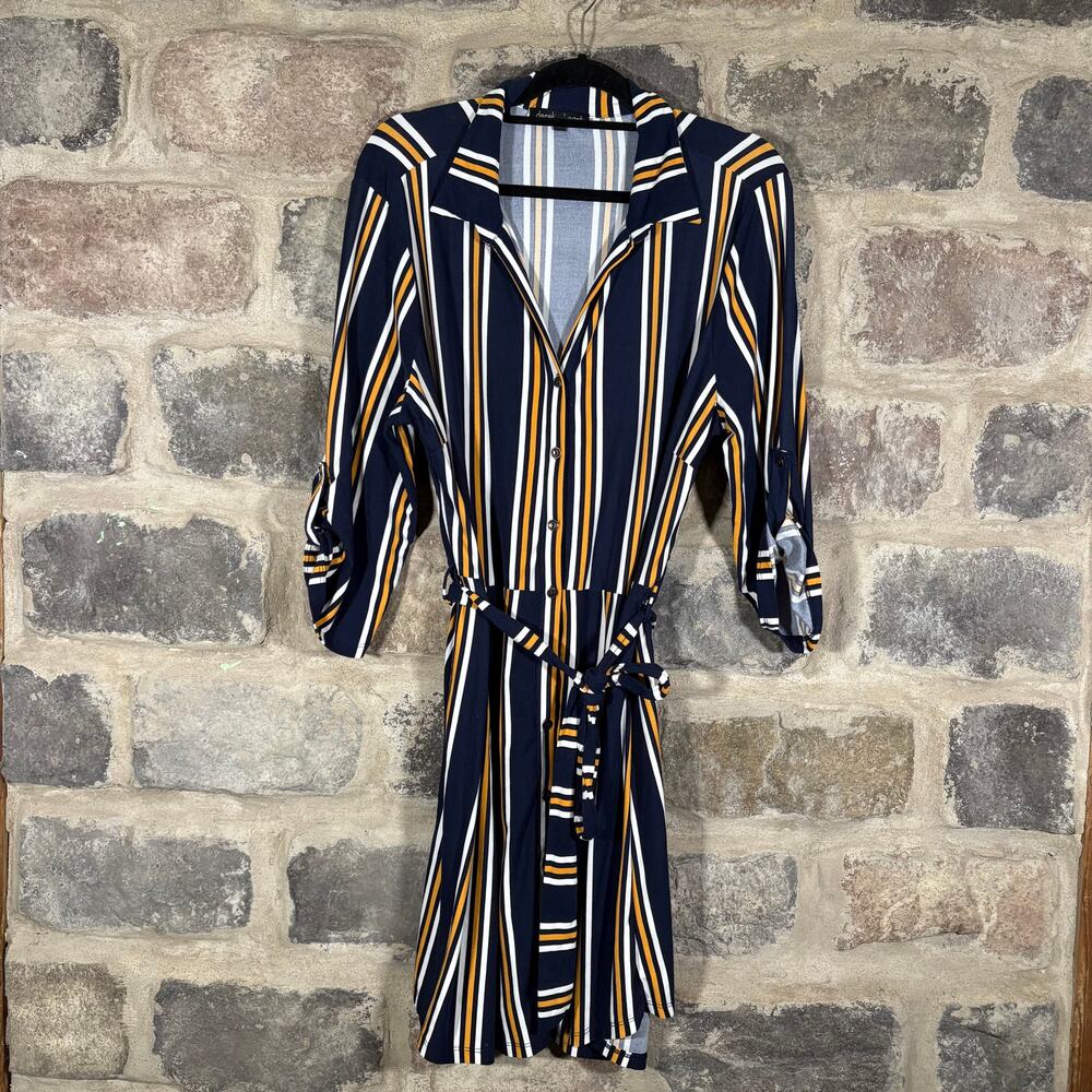Derek‎ Heart Plus Striped Shirt Dress Woman's 2X Button Up Belted Blue Yellow